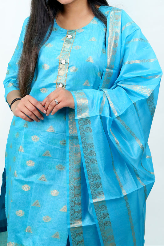Elegant Sky Blue Jacquard Kurti Set with Banarasi Dupatta – A Touch of Royalty