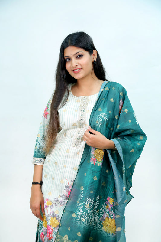 Graceful Floral Printed Kurti Set with Banarasi Dupatta – Timeless Elegance