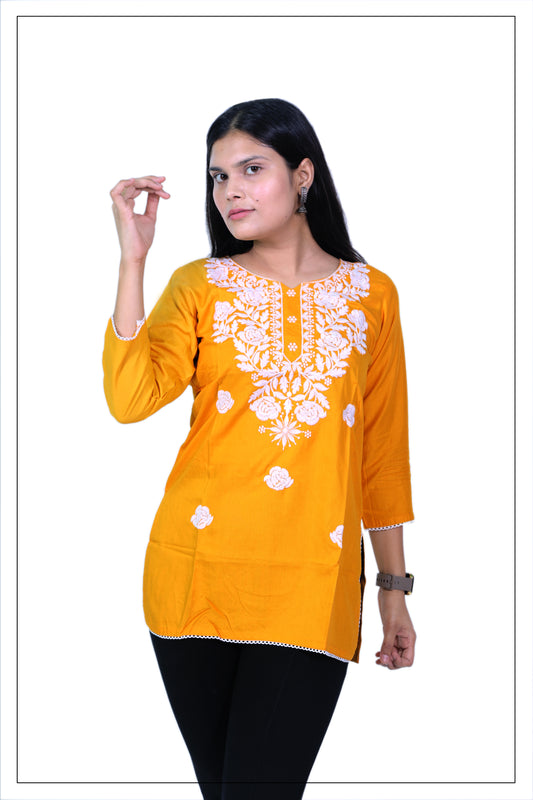 Elegant Mustard Yellow Embroidered Cotton Kurti