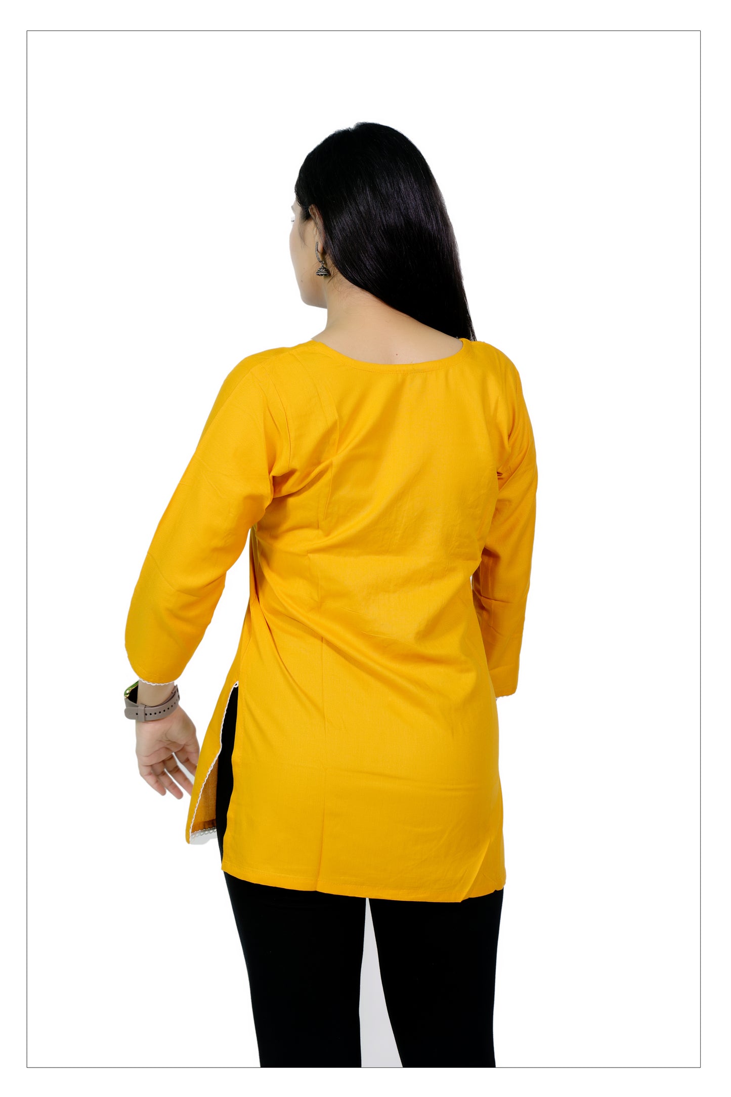 Elegant Mustard Yellow Embroidered Cotton Kurti