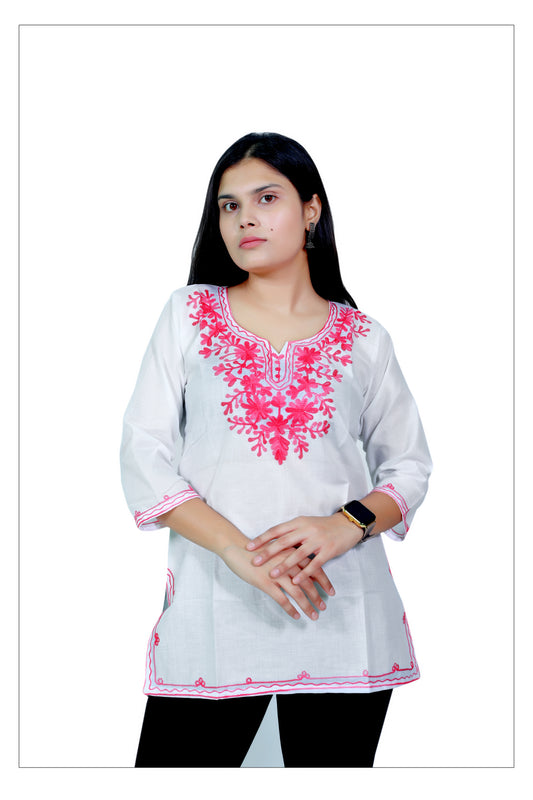 White Cotton Kurti with Pink Floral Embroidery