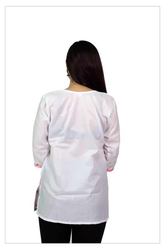 White Cotton Kurti with Pink Floral Embroidery