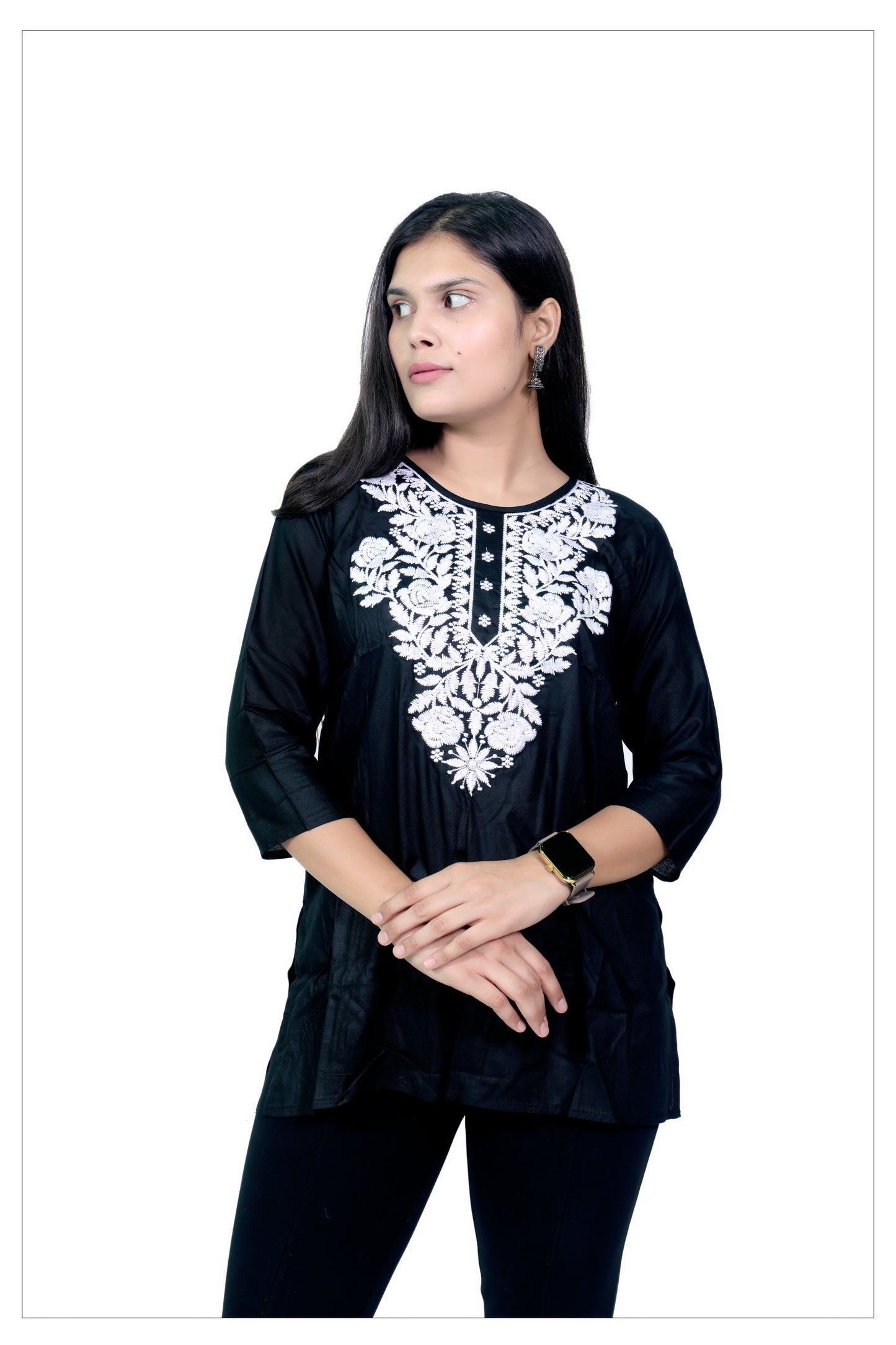 Black Cotton Kurti with White Floral Embroidery