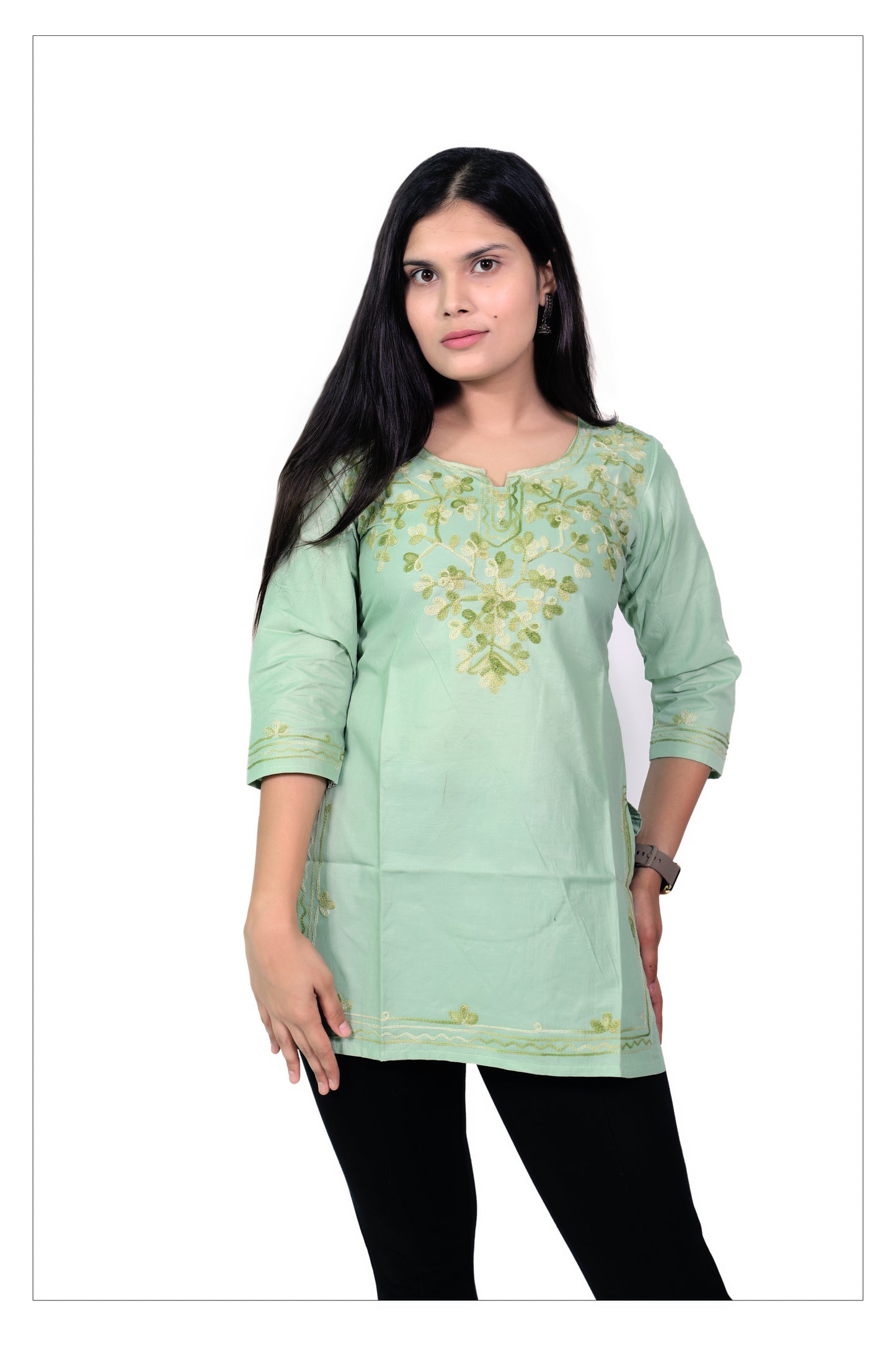 Pastel Green Cotton Kurti with Delicate Floral Embroidery