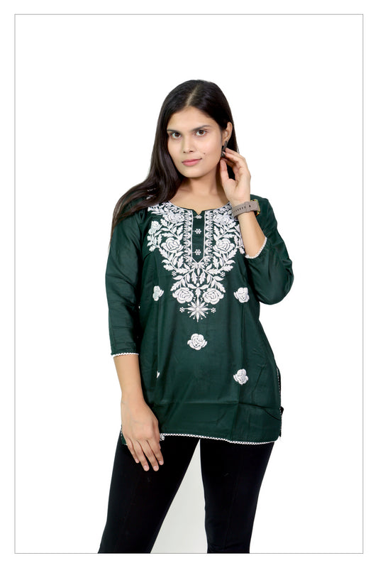 Deep Green Cotton Kurti with Intricate White Floral Embroidery