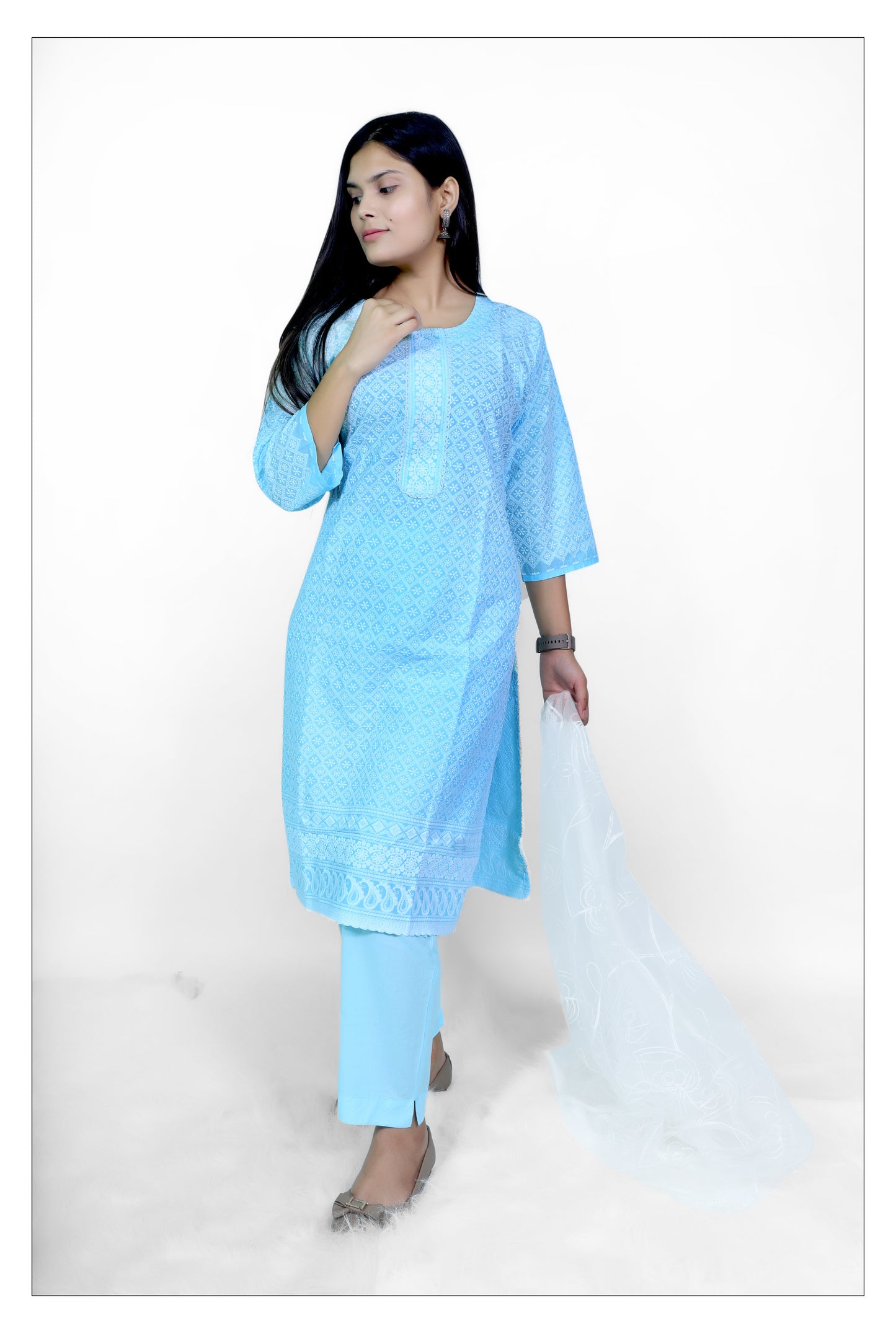 Elegant Sky Blue Cotton Chikankari Suit Set