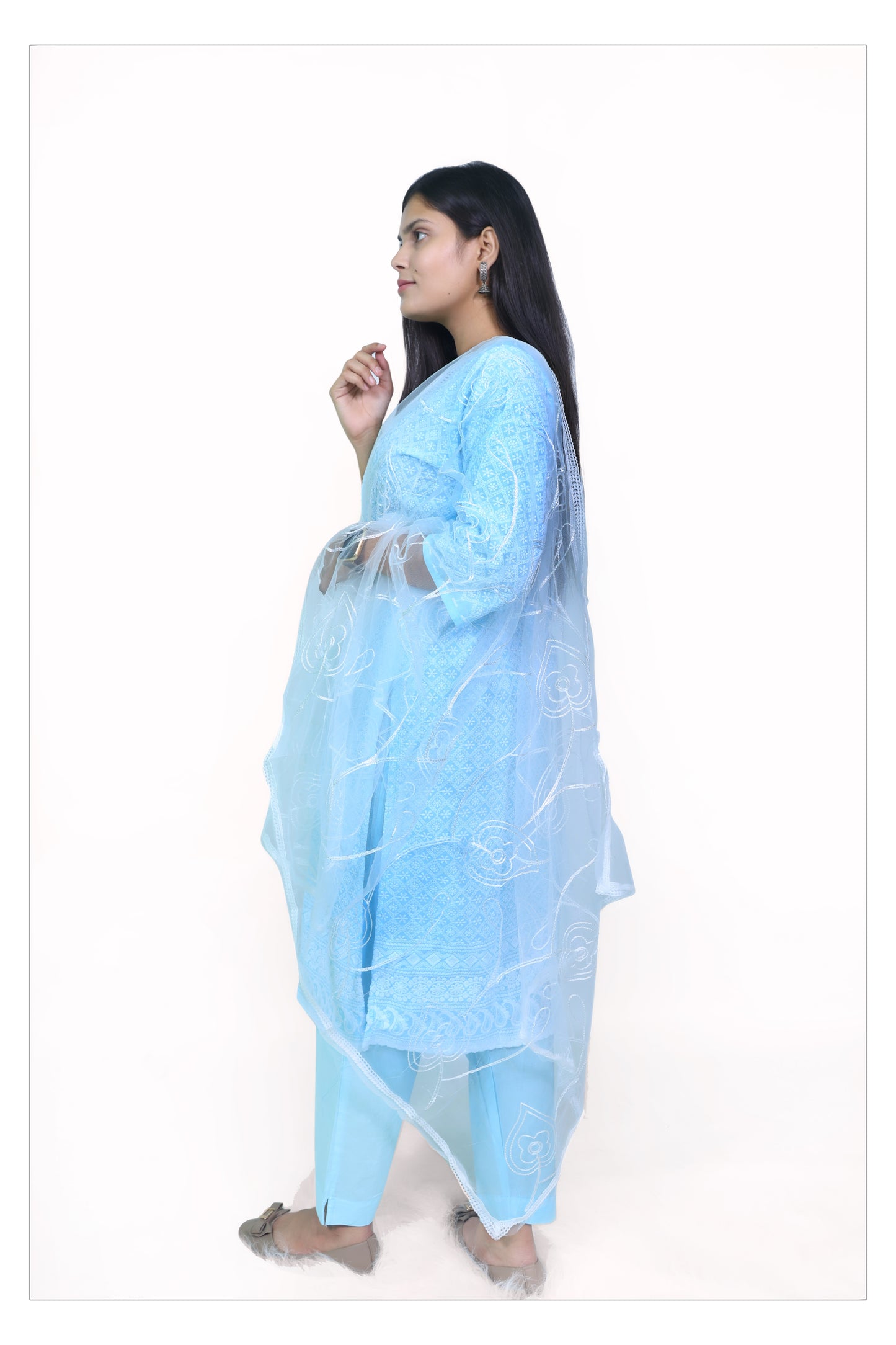 Elegant Sky Blue Cotton Chikankari Suit Set