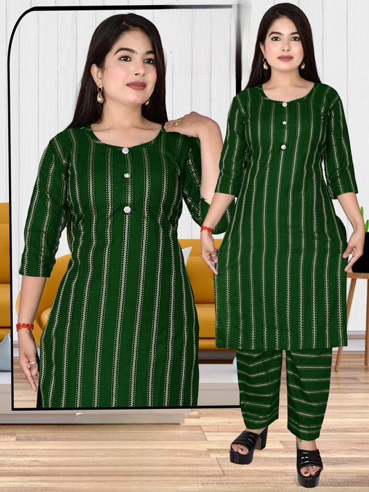 Classic Emerald Green Striped Kurti Set – Effortless Grace