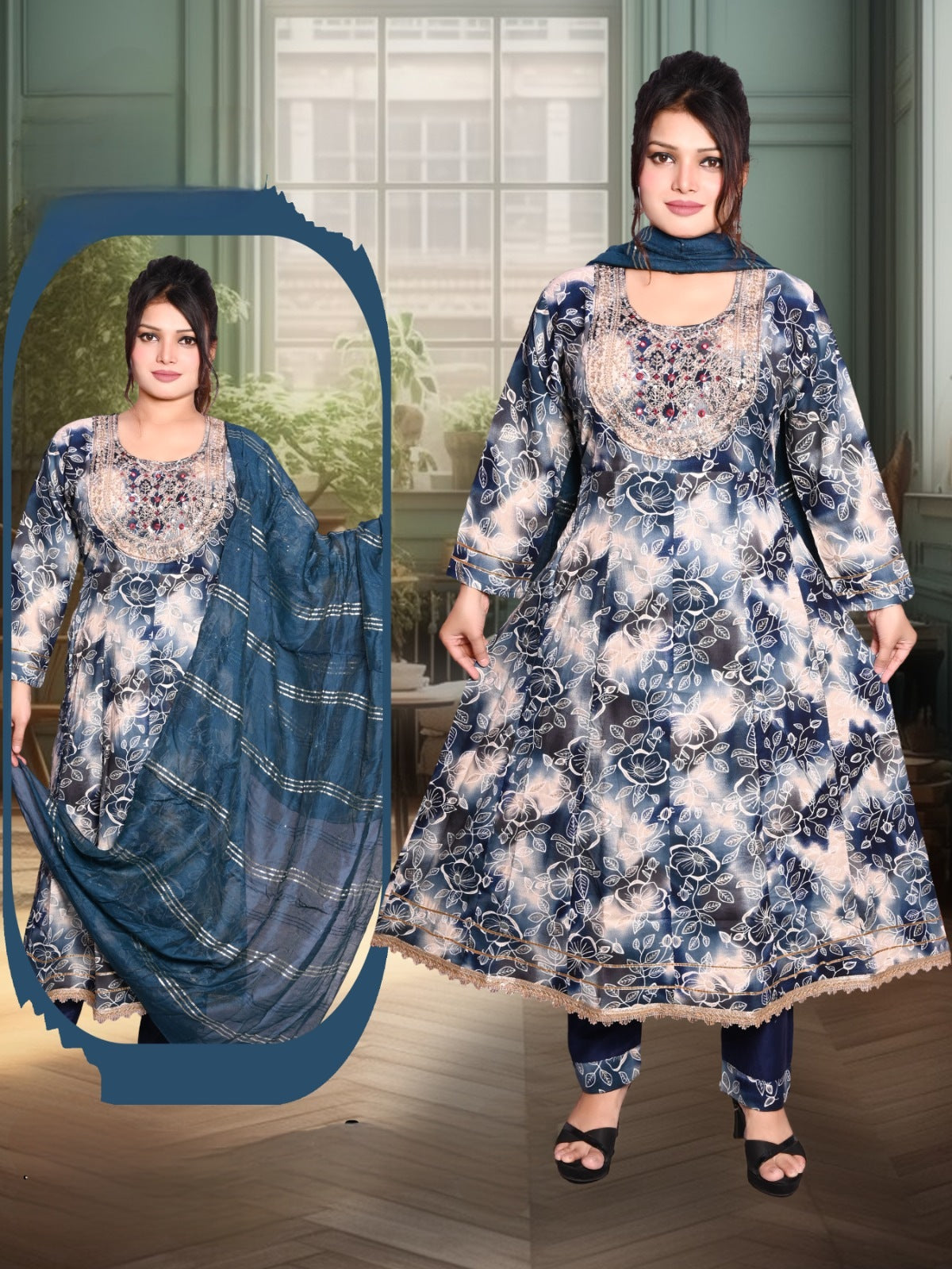 Royal Blue Floral Anarkali Suit Set – Elegant Style