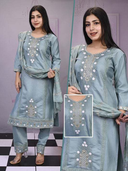 Serene Pastel Blue Embroidered Suit Set – Understated Elegance