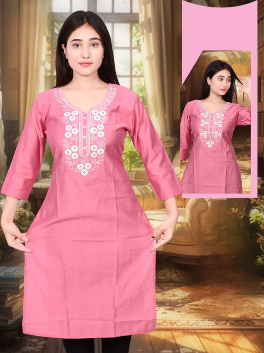 Blush Bloom Pink Embroidered Kurti – Pretty, Simple & Elegant