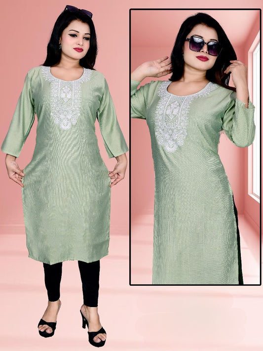 Sage Green Cotton Kurti with White Embroidery