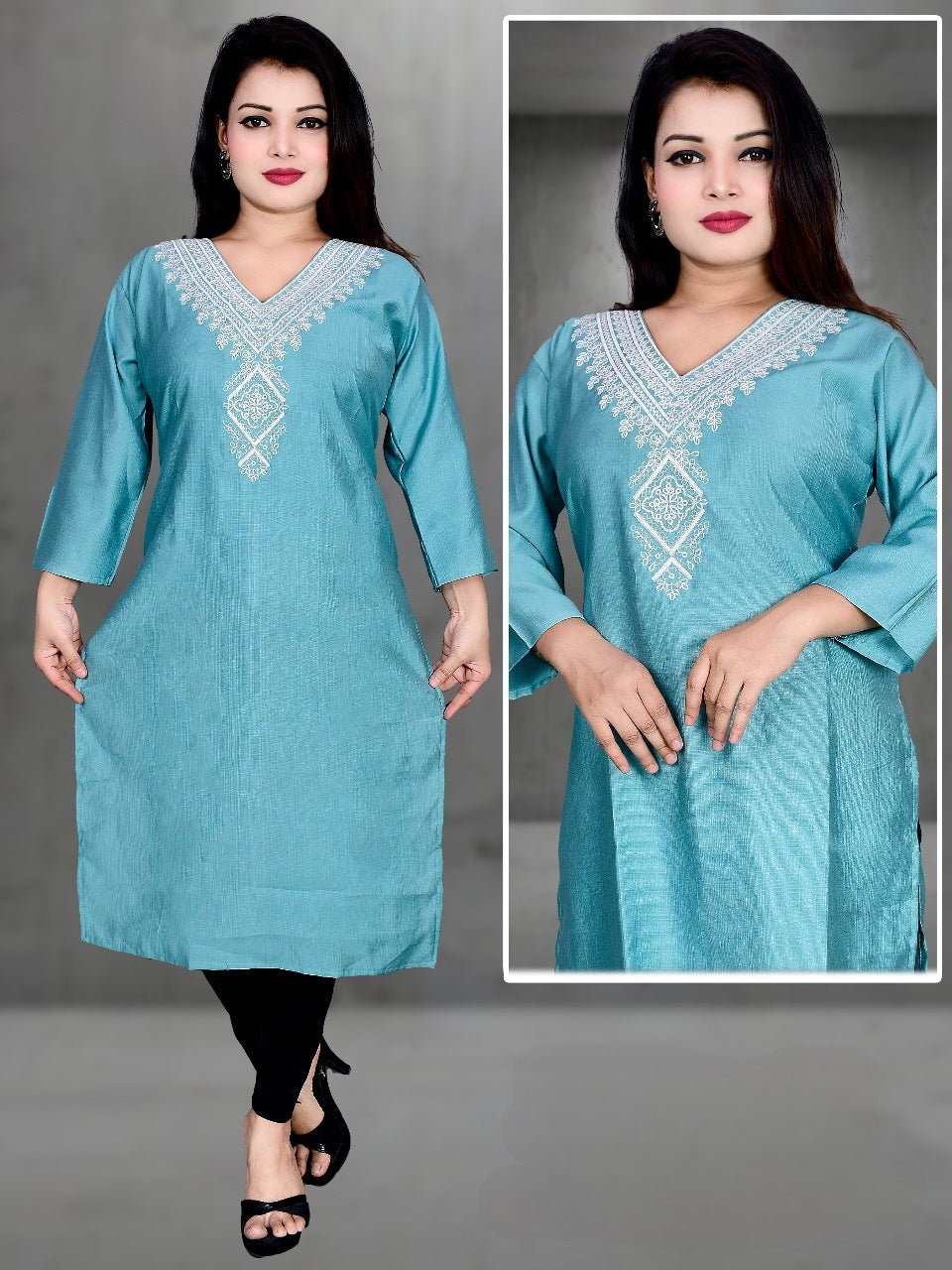 Sky Blue Cotton Kurti with White Thread Embroidery