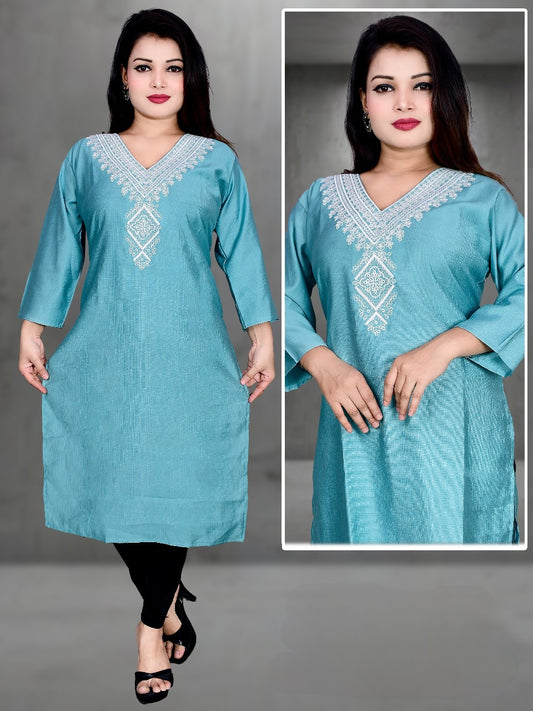Sky Blue Cotton Kurti with White Thread Embroidery