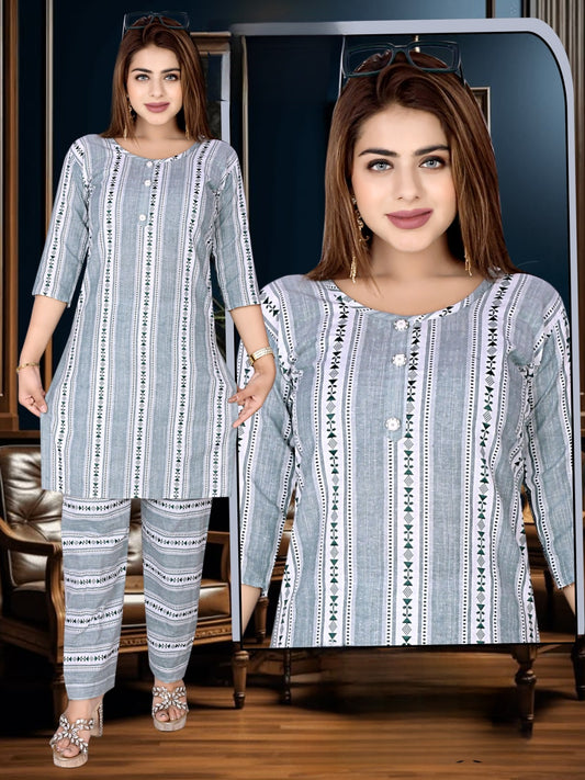 Grey & White Vertical Stripe Printed Cotton Kurti Set