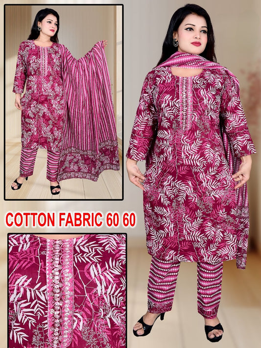 Magenta White Leaf Print Cotton Suit Set with Dupatta