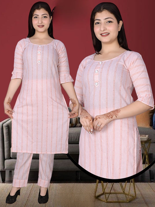 Soft Pink Striped Cotton Kurta Set with Button Detailing