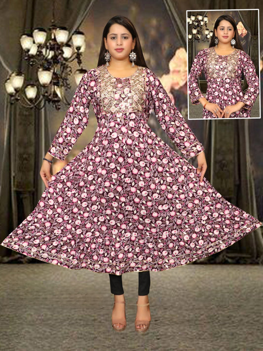 Elegant Floral Printed Anarkali Kurti with Embroidered Yoke