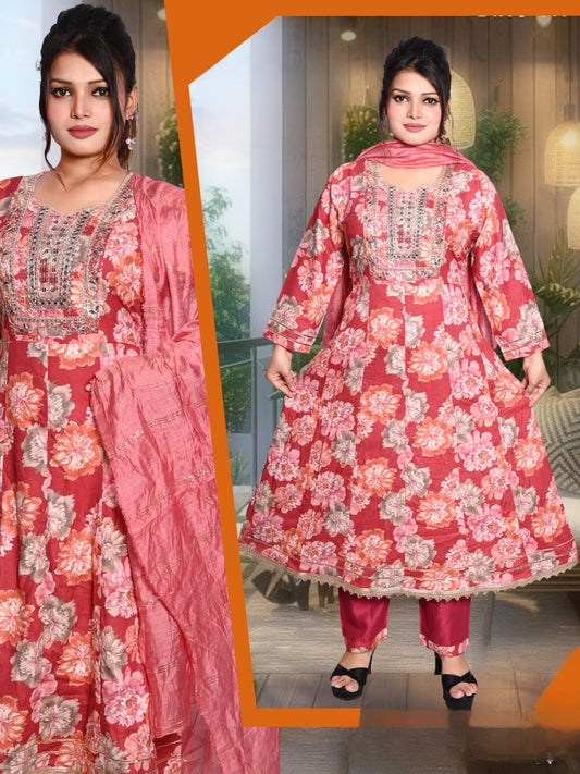 Rose Bloom Embroidered Kurti Set with Dupatta