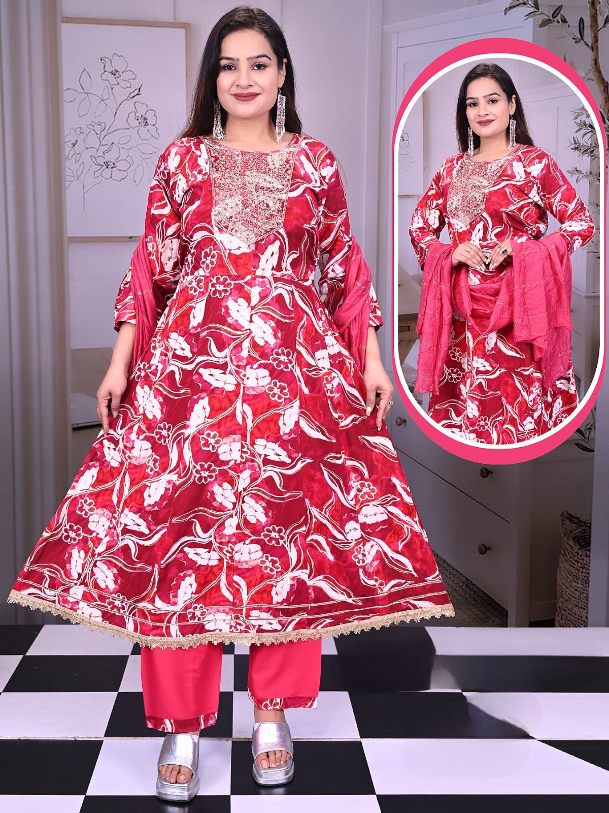 Red Floral Anarkali Suit Set – 3-Piece Festive Look with Embroidered Neck