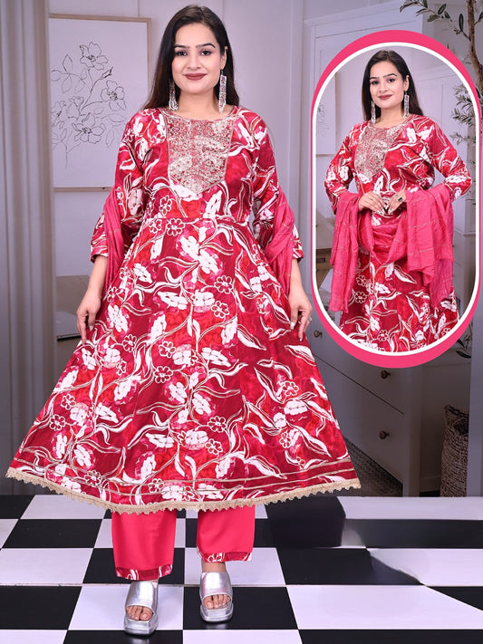 Red Floral Anarkali Suit Set – 3-Piece Festive Look with Embroidered Neck