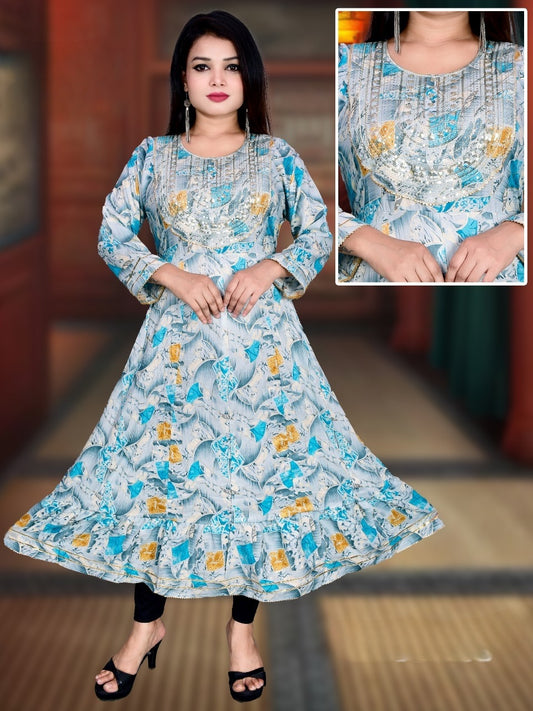 Sky Blue Printed Anarkali Kurti with Gota Work Yoke – Elegant Everyday Wear