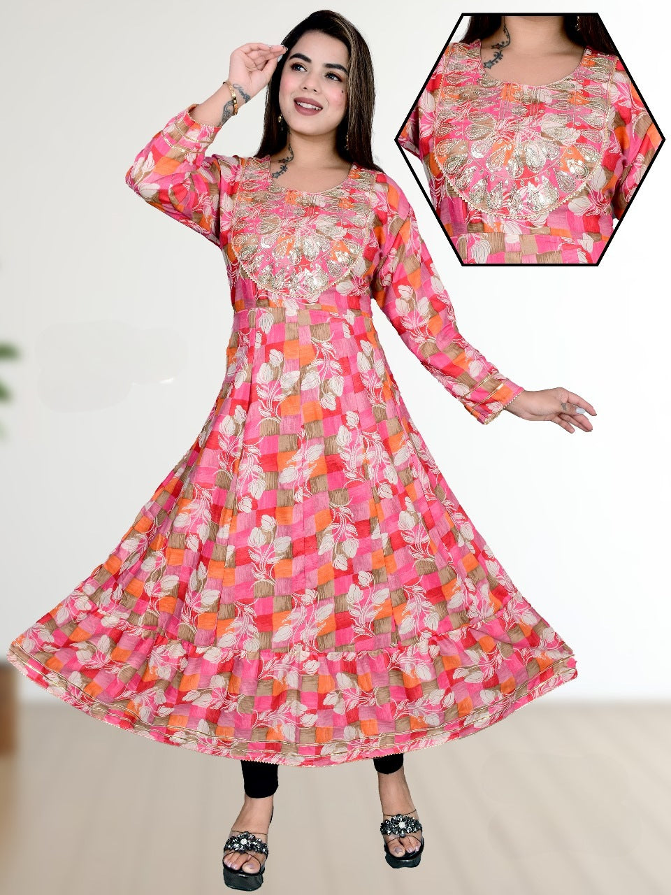 Pink & Orange Geometric Floral Anarkali Kurti with Hand Embroidered Yoke