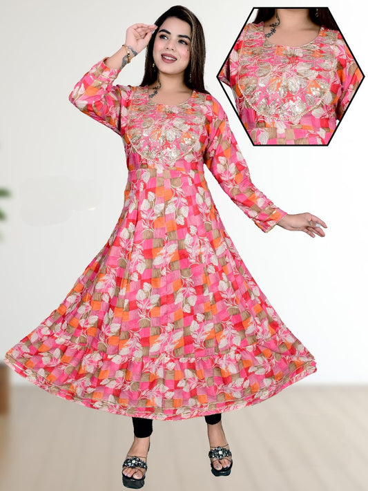 Pink & Orange Geometric Floral Anarkali Kurti with Hand Embroidered Yoke