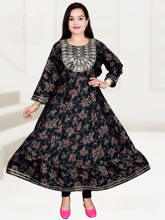 Elegant Black Floral Anarkali Kurti with Heavy Embroidered Yoke