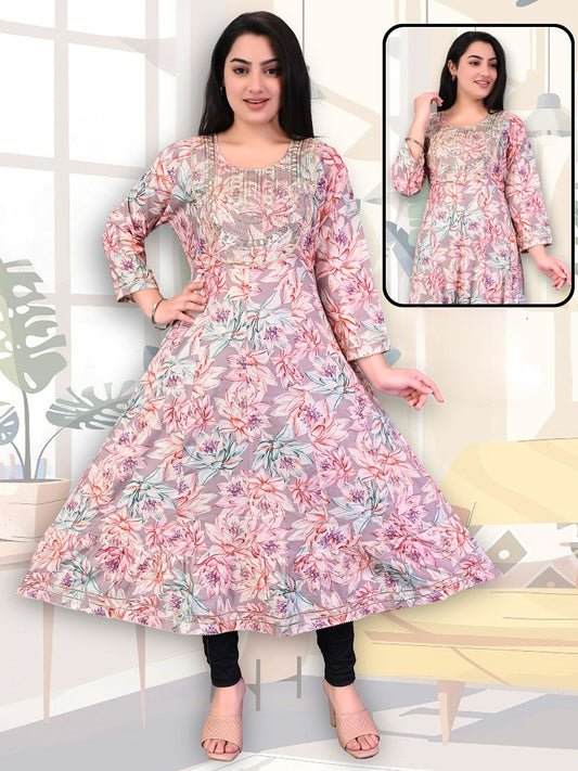 Pastel Pink Floral Anarkali Kurti with Delicate Embroidered Yoke