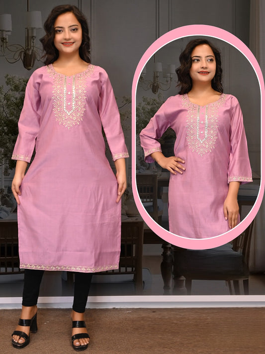 Elegant Mauve Straight Kurti with Gota & Thread Embroidery