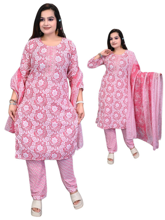 Pink Paisley Cotton Suit Set with Embroidered Neck & Dupatta-Dareeba Ethnics