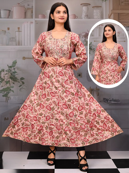 Rose Gold & Red Floral Anarkali Kurti with Embroidered Yoke-Dareeba Ethnics