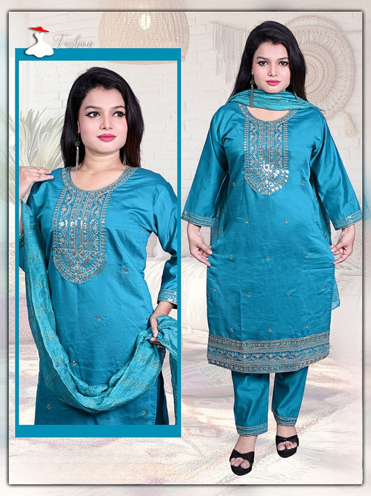  Teal blue embroidered kurta set with dupatta, Dareeba Ethnics